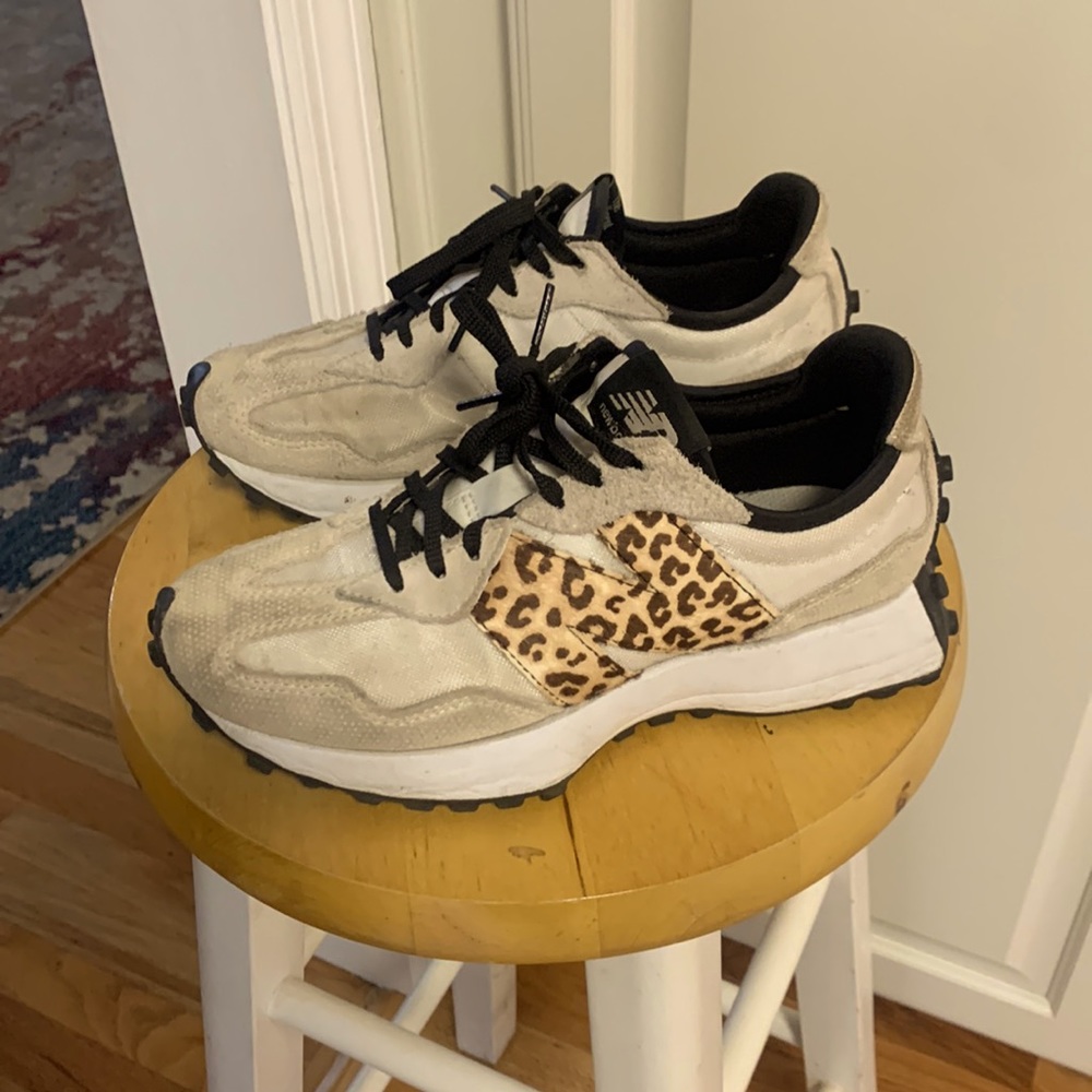 Gently used New Balance 327 off white black and leopard sneakers